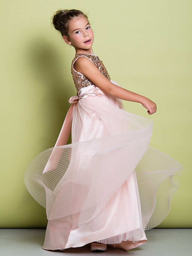  A-Line Sweep / Brush Train Flower Girl Dress - Tulle Sequined Sleeveless Scoop Neck with Sequin Flower by LAN TING BRIDE®