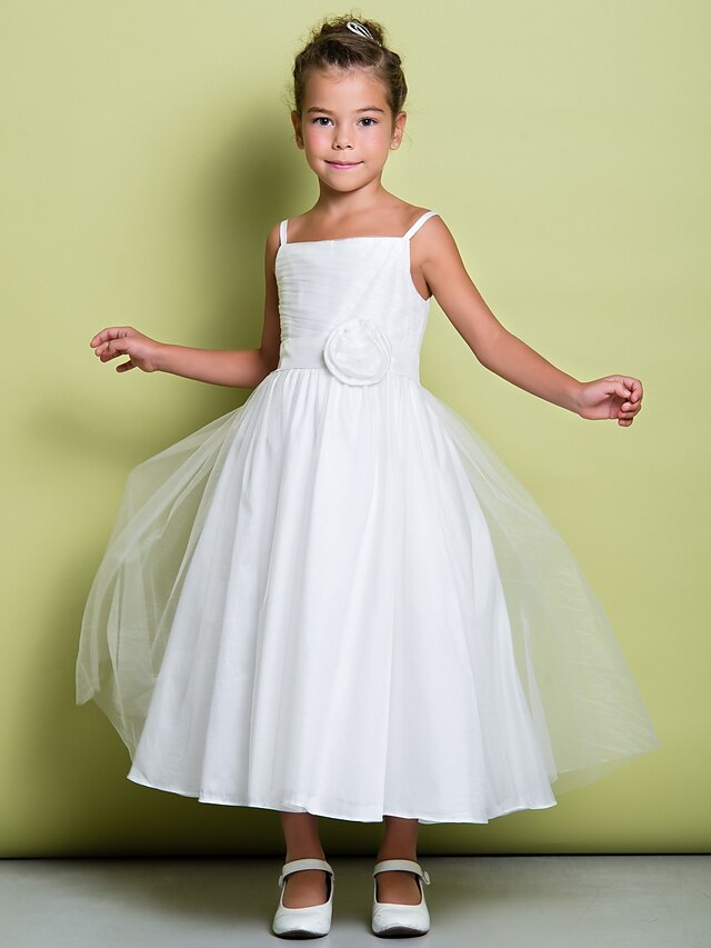  A-Line Tea Length Flower Girl Dress First Communion Cute Prom Dress Tulle with Ruched Fit 3-16 Years