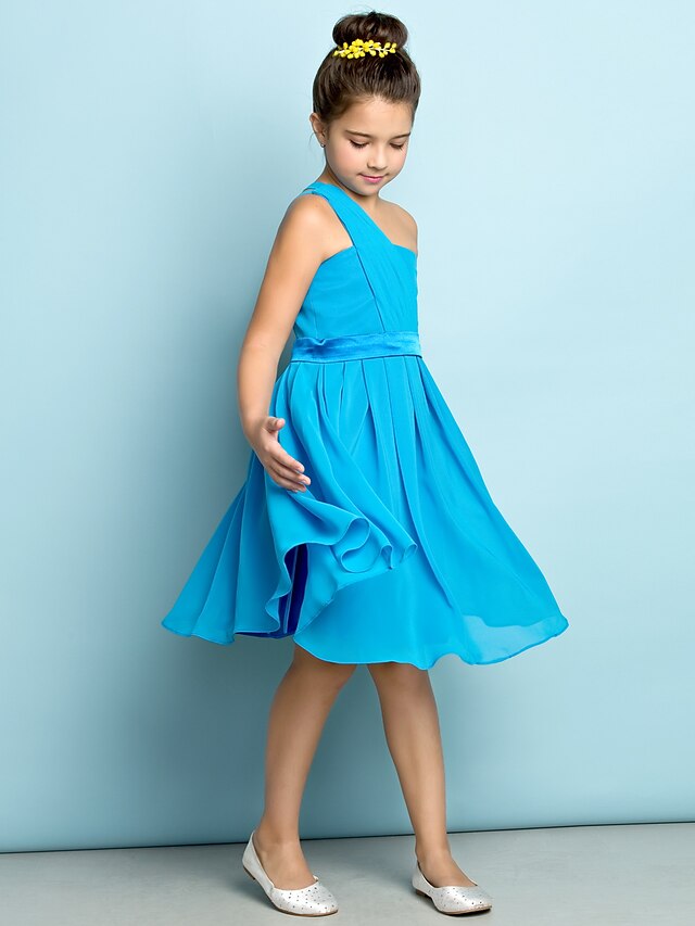  A-Line One Shoulder Knee Length Chiffon Junior Bridesmaid Dress with Side Draping / Natural / Mini Me