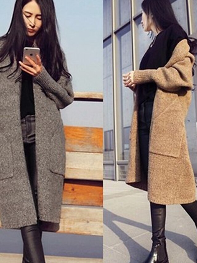  Winter Women's Solid Color Brown / Gray Coats & Jackets , Sexy / Party Tailored Collar Long Sleeve