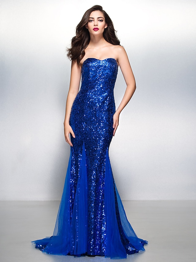  Mermaid / Trumpet Sparkle & Shine Beaded & Sequin Holiday Cocktail Party Formal Evening Dress Sweetheart Neckline Sleeveless Court Train Sequined with Sequin