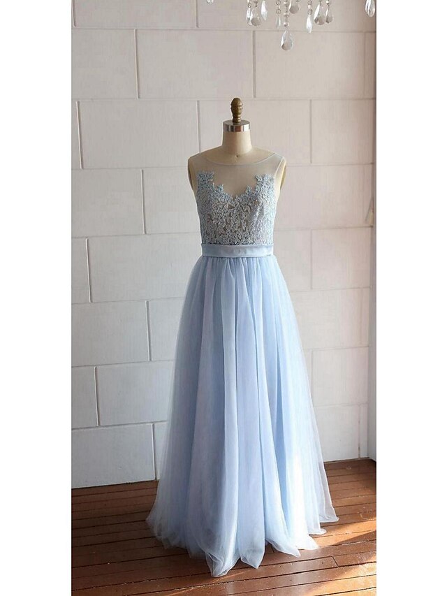  A-Line Elegant Dress Prom Floor Length Sleeveless Scoop Neck Lace with Lace Sash / Ribbon 2023