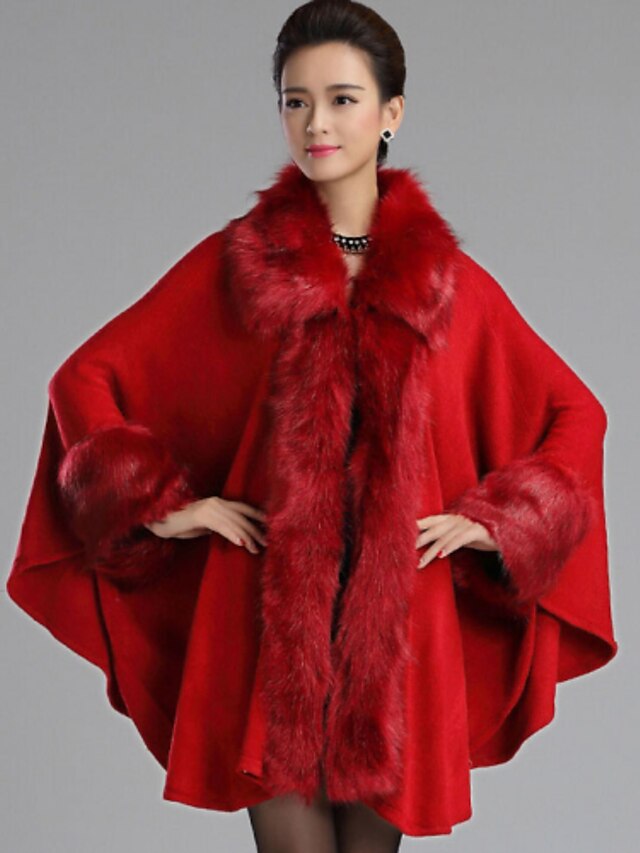  Women's Daily Vintage Fall Long Fur Coat, Solid Colored Shawl Lapel Long Sleeve Faux Fur / Woolen Cloth Brown / Navy Blue / Red