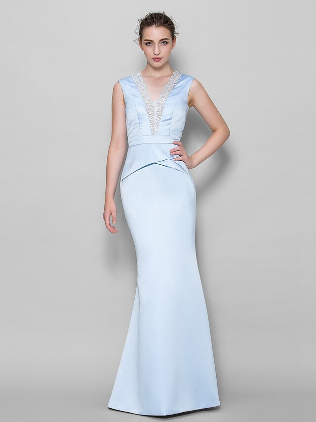  Mermaid / Trumpet Bridesmaid Dress V Neck Sleeveless Elegant Floor Length Satin / Lace with Lace
