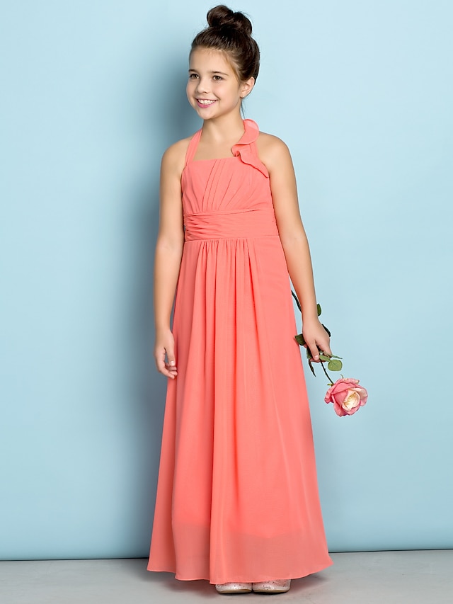  Sheath / Column Ankle Length Halter Neck Chiffon Junior Bridesmaid Dresses&Gowns With Side Draping Mini Me Kids Wedding Guest Dress 4-16 Year