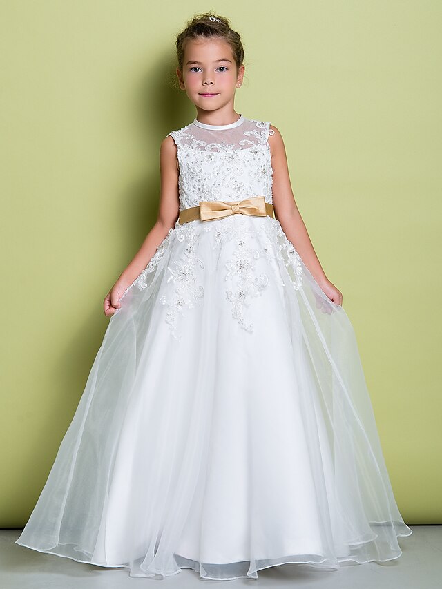  A-Line Floor Length Flower Girl Dress First Communion Cute Prom Dress Organza with Appliques Fit 3-16 Years