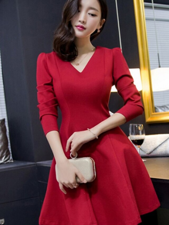  Women's Solid Red Dress , Party V Neck Long Sleeve