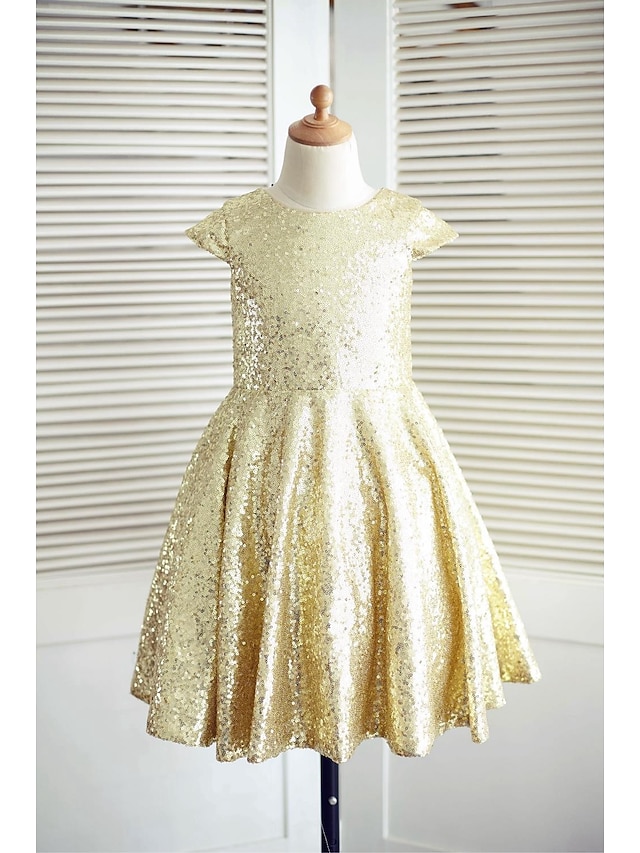  A-Line Knee Length Flower Girl Dress - Sequined Short Sleeve Jewel Neck with Sequin by LAN TING BRIDE®