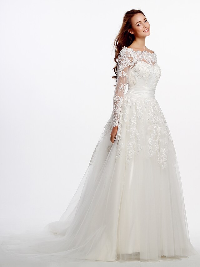  A-Line Bateau Neck Court Train Lace / Tulle Long Sleeve Romantic / Glamorous See-Through / Plus Size / Backless Made-To-Measure Wedding Dresses with Lace / Appliques 2020