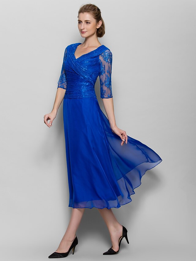 A-Line Mother of the Bride Dress Elegant Plus Size V Neck Tea Length ...