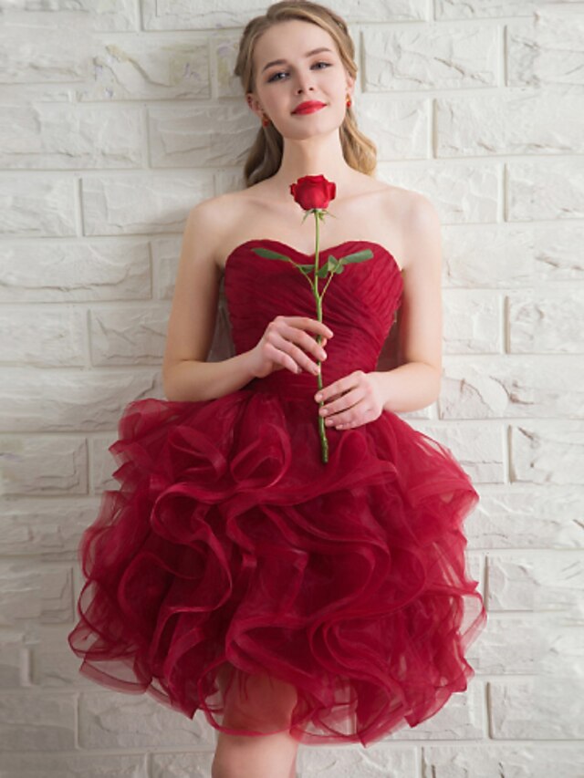  Ball Gown Sweetheart Neckline Short / Mini Organza Bridesmaid Dress with Cascading Ruffles