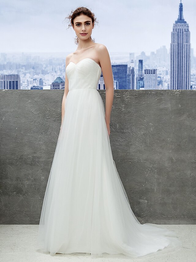  A-Line Sweetheart Neckline Sweep / Brush Train Tulle Made-To-Measure Wedding Dresses with Ruched by LAN TING BRIDE® / Beach / Destination / Two Piece