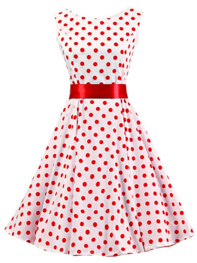  Women's Party Vintage A Line Dress - Polka Dot Pleated Cotton White L XL XXL