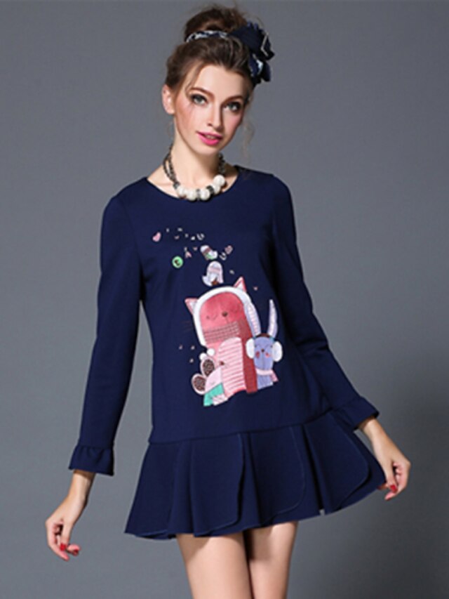  Europe Fashion Women Winter Vintage Embroidery Cute Cartoon Patchwork Falbala Plus Size Long Sleeve Short Dress