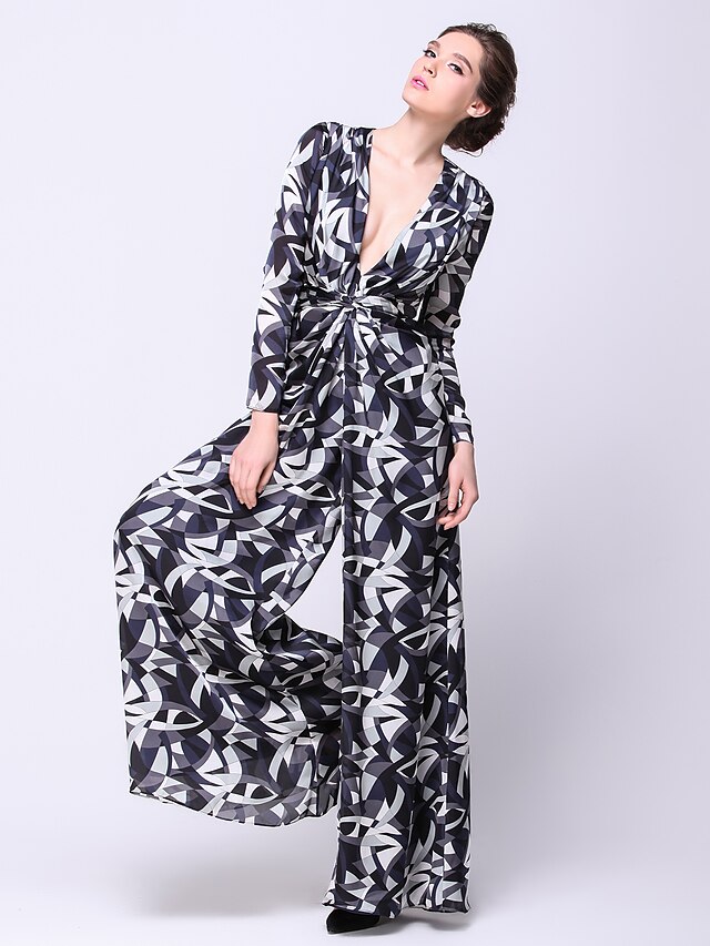  combinaisons robe trapèze à motif robe de soirée formelle col plongeant manches longues longueur cheville mousseline de soie avec motif / imprimé