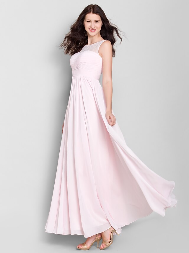  Linha A Scoop pescoço Até o Tornozelo Chiffon Vestido de Madrinha com Renda / Cruzado de LAN TING BRIDE®