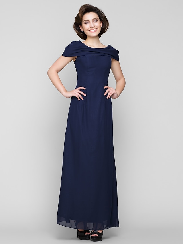  Sheath / Column Mother of the Bride Dress Elegant Scoop Neck Ankle Length Chiffon Short Sleeve No with Beading 2023
