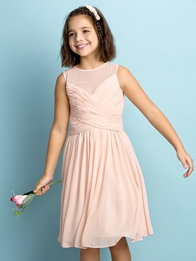  A-Line Knee Length Junior Bridesmaid Dress Chiffon Sleeveless Jewel Neck with Criss Cross 2022 / Natural / Mini Me