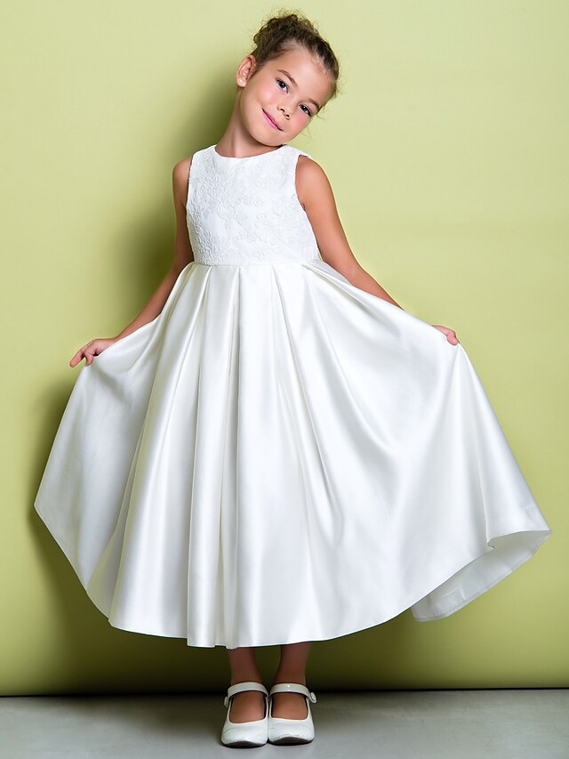  A-Line Ankle Length Flower Girl Dress Wedding Cute Prom Dress Satin with Lace Fit 3-16 Years