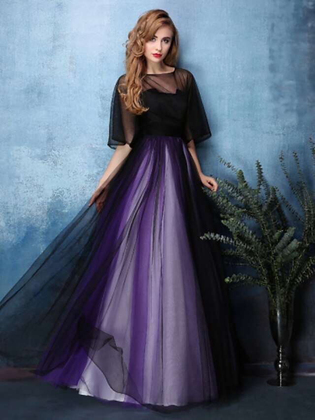  A-Line Color Block Formal Evening Dress Illusion Neck Half Sleeve Floor Length Satin Tulle with Sash / Ribbon 2020