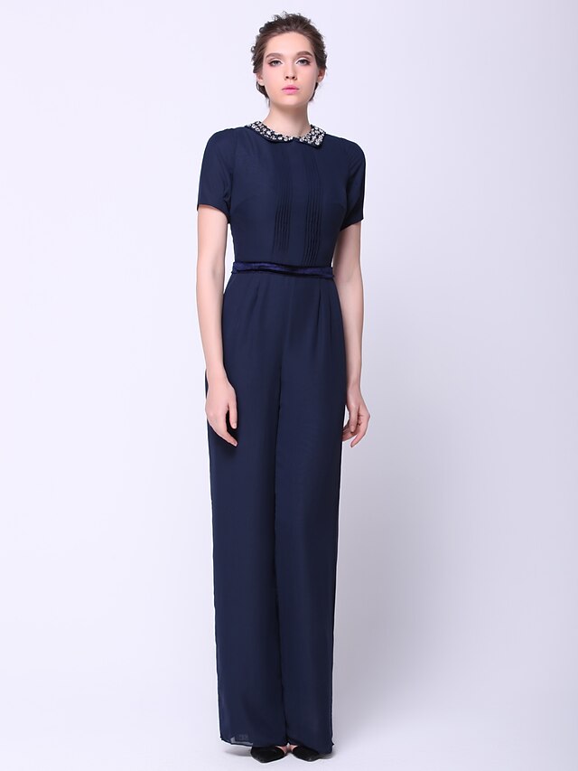  Jumpsuits Sheath / Column Holiday Cocktail Party Prom Dress Jewel Neck Short Sleeve Ankle Length Chiffon with Beading 2021 / Formal Evening