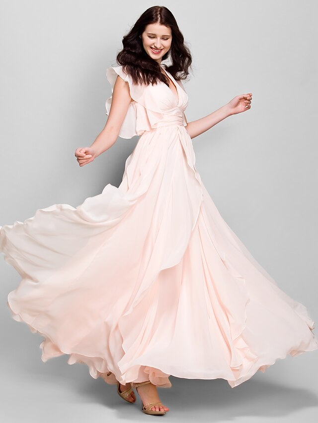  A-Line V Neck Ankle Length Chiffon Bridesmaid Dress with Cascading Ruffles by LAN TING BRIDE®