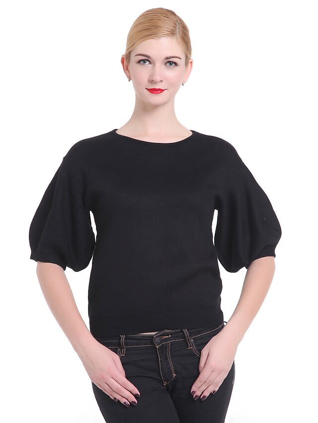  Women's Solid Colored Pullover Butterfly Sleeves Regular Sweater Cardigans Round Neck Winter Black / Flare Sleeve