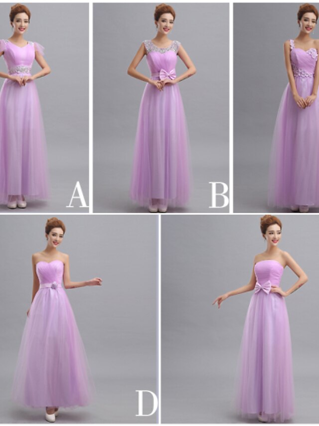  Sheath / Column One Shoulder Floor Length Tulle Bridesmaid Dress with Sash / Ribbon / Bow(s) / Beading