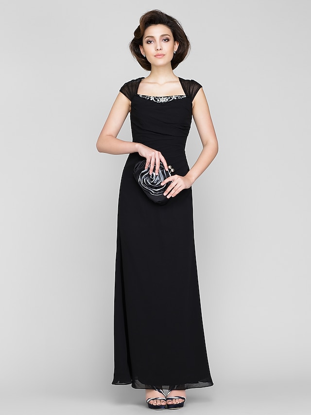  Sheath / Column Mother of the Bride Dress See Through Square Neck Ankle Length Chiffon Sleeveless No with Beading 2023