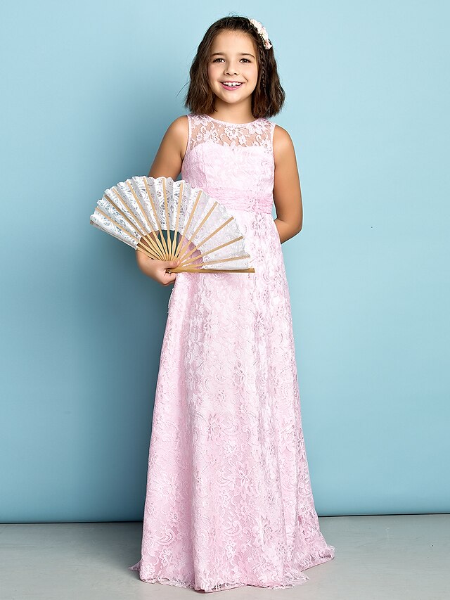  Sheath / Column Floor Length Jewel Neck Lace Junior Bridesmaid Dresses&Gowns With Lace Mini Me Kids Wedding Guest Dress 4-16 Year