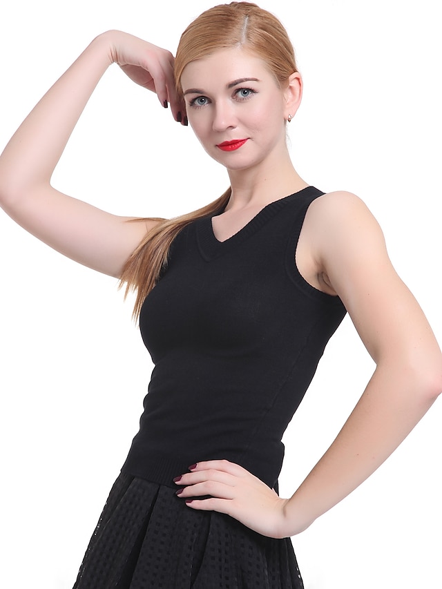  Women's Sleeveless Cotton Vest - Solid Colored V Neck