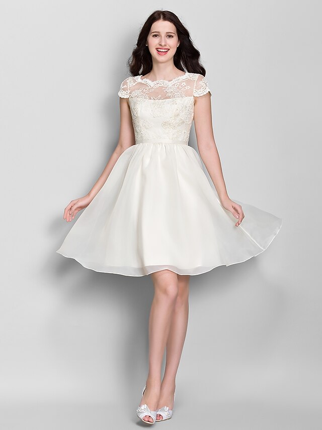  A-Line Scoop Neck Knee Length Lace / Organza Bridesmaid Dress with Lace by LAN TING BRIDE® / See Through