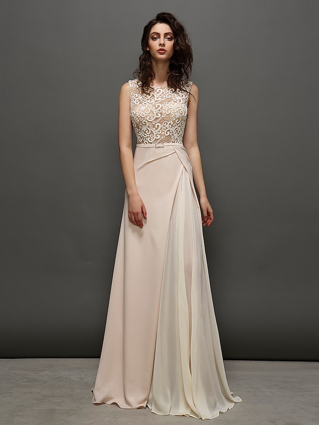 A-Line Pastel Colors Prom Formal Evening Dress Jewel Neck Sleeveless Sweep / Brush Train Chiffon Sheer Lace with Criss Cross Side Draping 2020