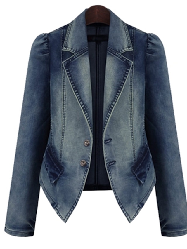  Women's Denim Jacket Solid Colored Basic Long Sleeve Coat Fall Daily Regular Jacket Dark Blue / Notch lapel collar / Work