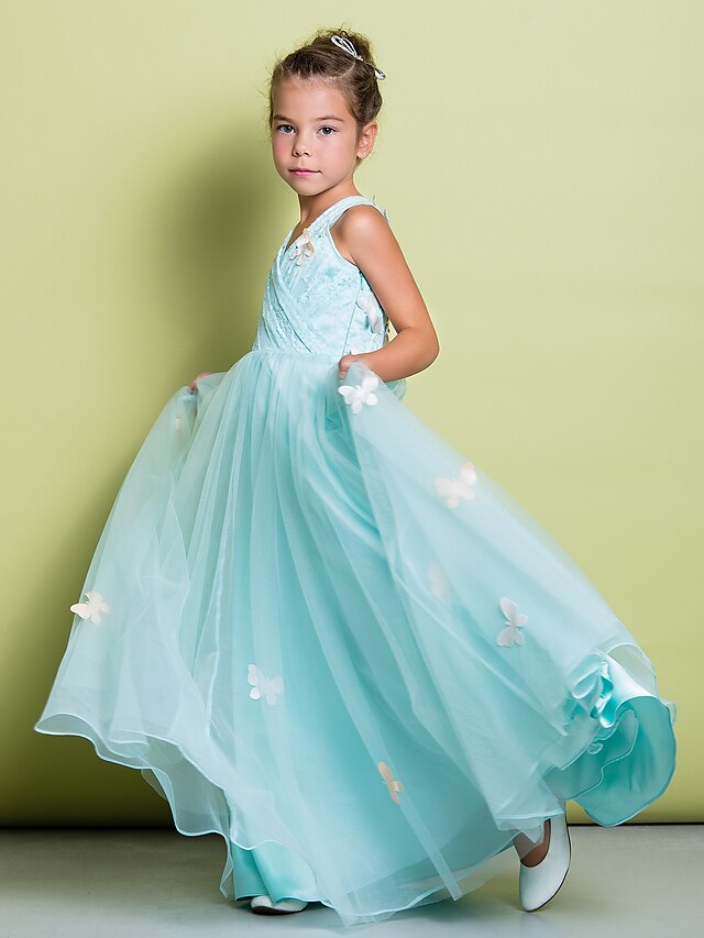  A-Line Floor Length Flower Girl Dress - Lace Sleeveless V Neck with Bow(s) Lace Criss Cross by LAN TING BRIDE®