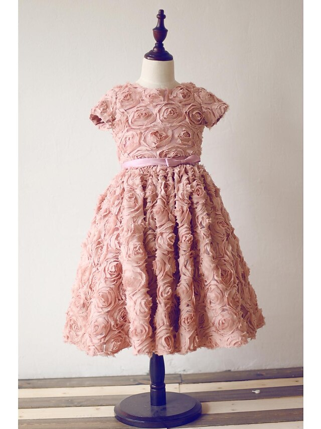  Γραμμή Α Κάτω από το γόνατο Φόρεμα για Κοριτσάκι Λουλουδιών - Σιφόν Κοντό Μανίκι Με Κόσμημα με