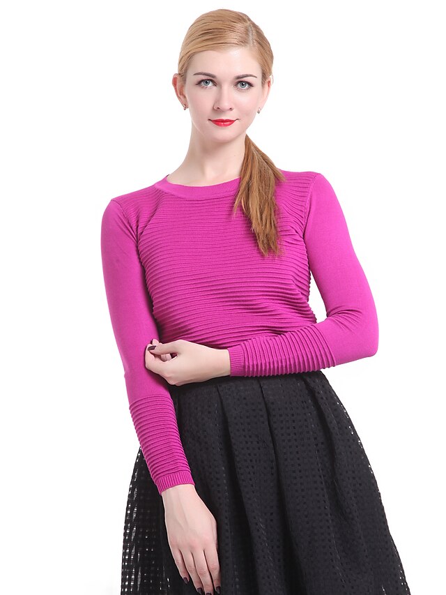  Women's Solid Colored Pullover Long Sleeve Sweater Cardigans Round Neck Spring Fall Black Red Fuchsia