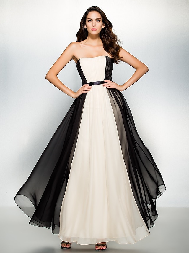  A-Line Color Block Formal Evening Dress Strapless Sleeveless Ankle Length Chiffon with Draping 2020