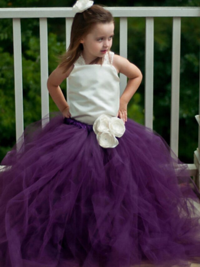  De Baile Até o Tornozelo Vestido para Meninas das Flores - Poliéster / Tule Sem Manga Com Alças Finas com Laço(s) / Faixa / Fita / Flor de