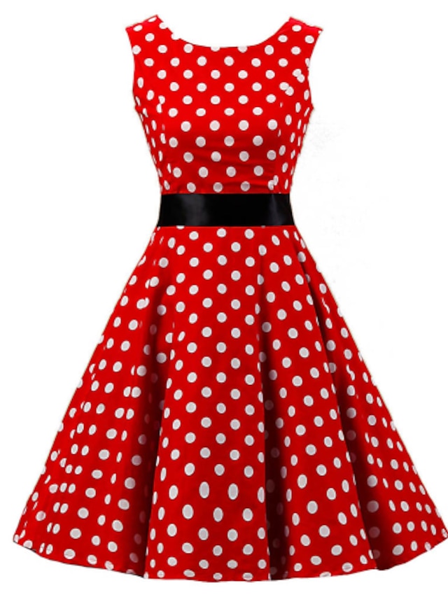  Mulheres Vestido A Line Vestido no Joelho Vermelho Sem Manga Poá Estampado Primavera Verão Decote Redondo Anos 50 Vintage Algodão S M L XL XXL 3XL 4XL 5XL / Tamanhos Grandes