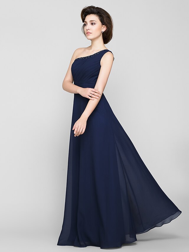  A-Line Mother of the Bride Dress Elegant One Shoulder Floor Length Chiffon Sleeveless with Beading Side Draping 2020