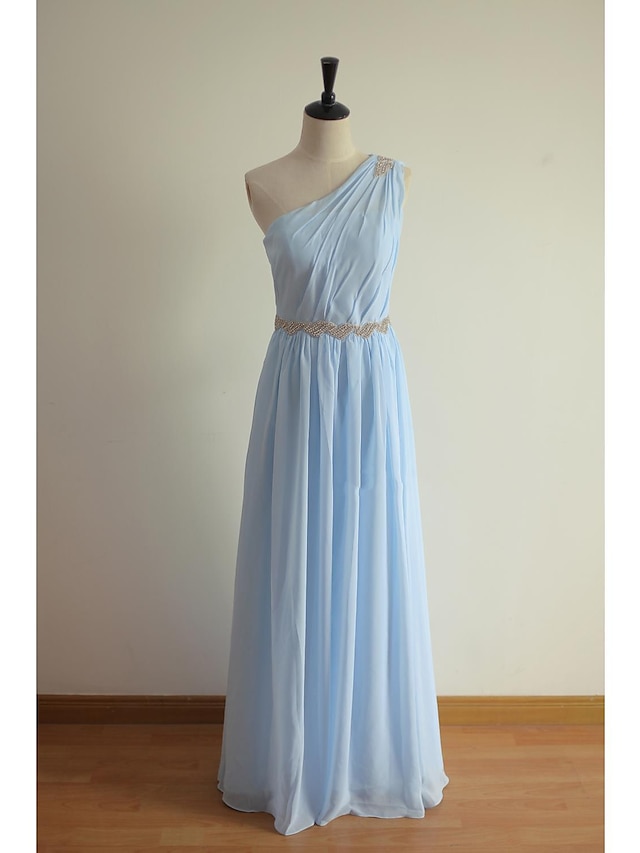  Linea-A Vestito da damigella Monospalla Senza maniche Elegante Lungo Chiffon con Fascia / fiocco in vita / Perline 2022