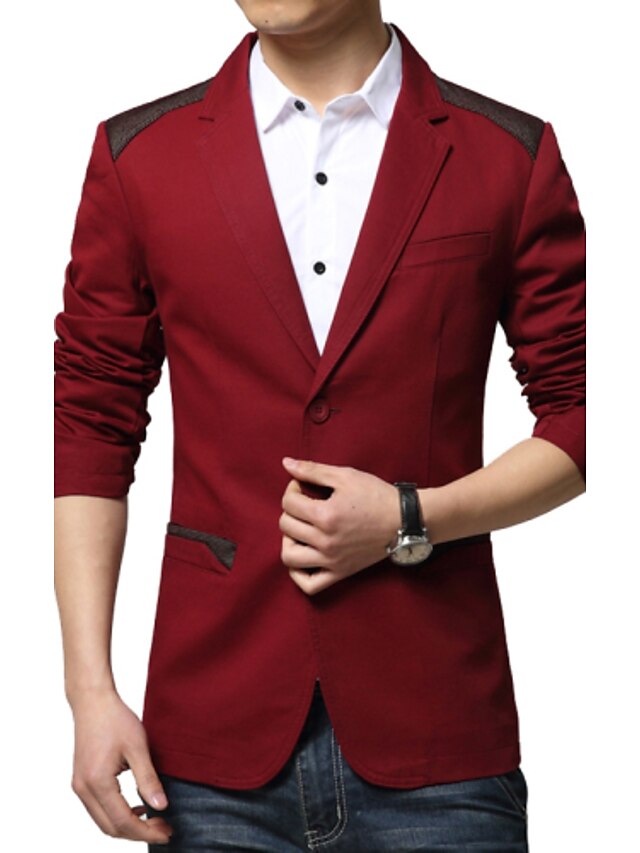  Men's Spring Fall Blazer Daily Work Simple Casual Plus Size Regular Solid Colored Long Sleeve Black / Red / Khaki M / L / XL