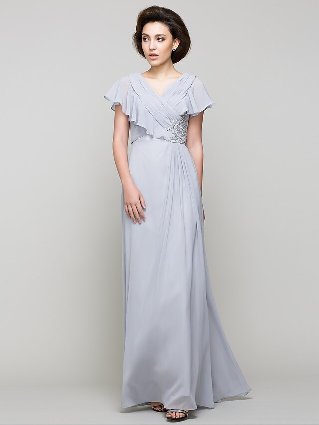  A-Line Mother of the Bride Dress Elegant V Neck Floor Length Chiffon Sleeveless No with Criss Cross Crystals 2023