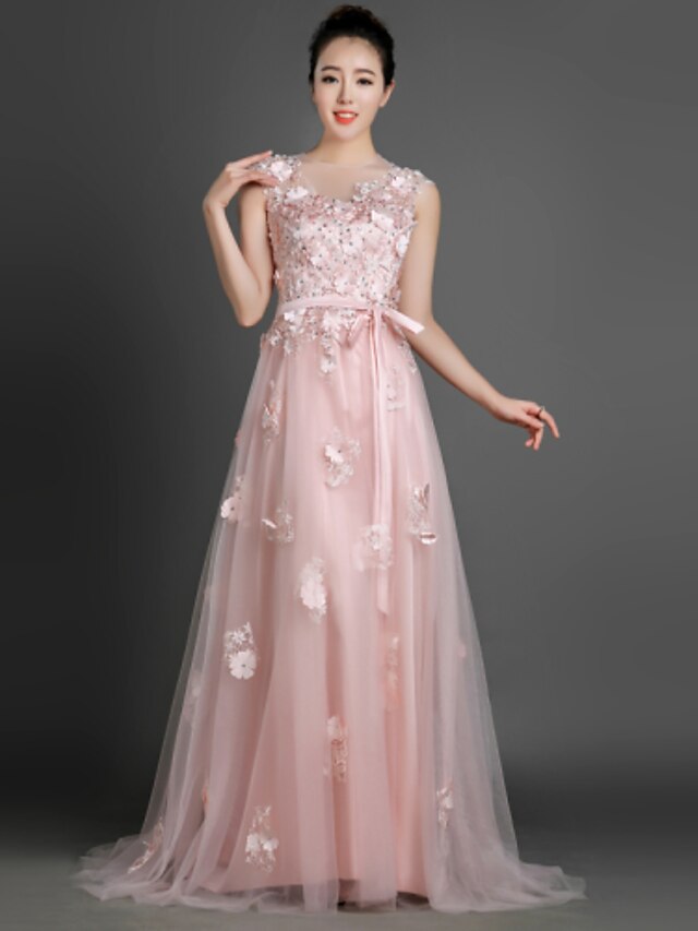  A-Line Sheath / Column Formal Evening Dress Jewel Neck Court Train Tulle with Sash / Ribbon Buttons Beading 2020