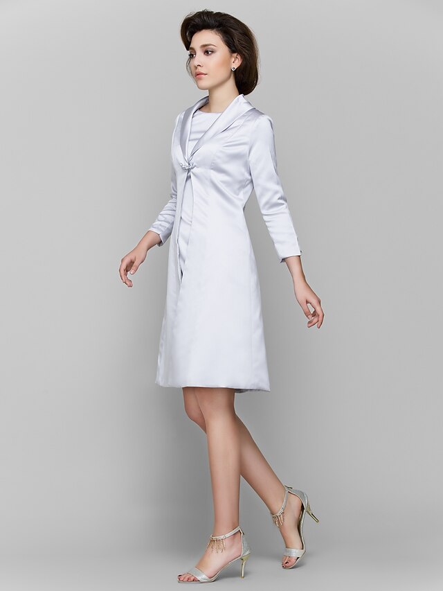  A-Line Jewel Neck Knee Length Charmeuse Mother of the Bride Dress with Pleats by LAN TING BRIDE®