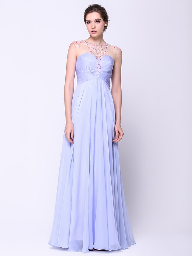  A-Line Illusion Neck Floor Length Chiffon / Tulle Open Back Prom / Formal Evening Dress with Beading by TS Couture®