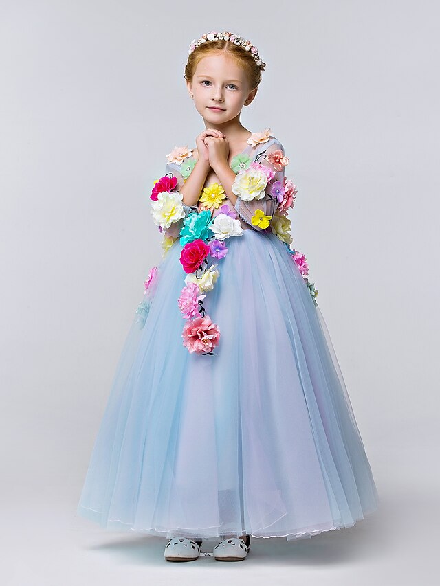  A-Line Ankle Length Flower Girl Dress - Polyester Tulle 3/4 Length Sleeves V-neck with Flower(s) by LAN TING BRIDE®