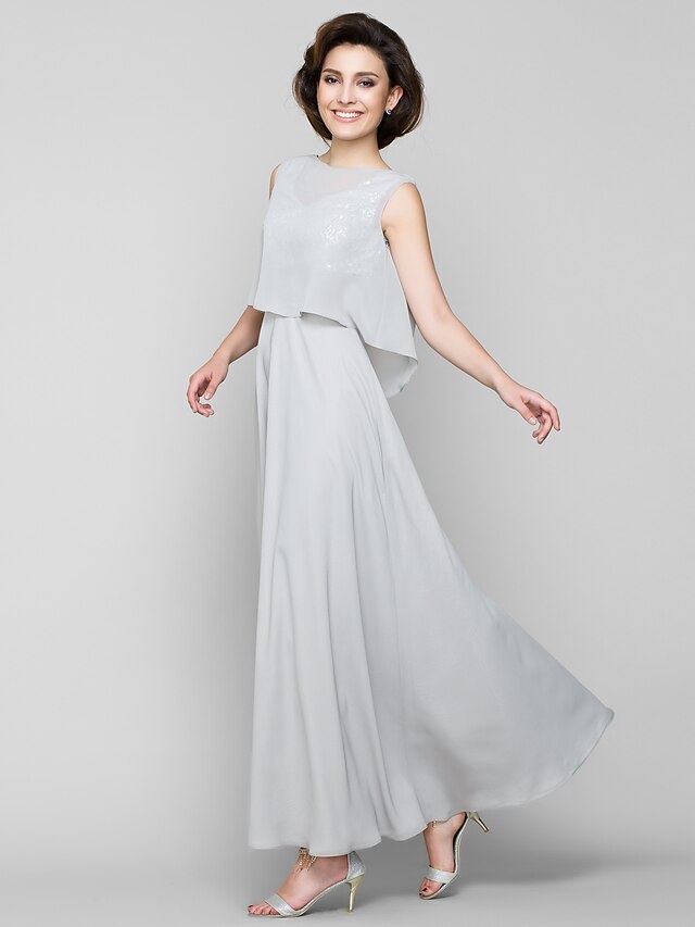  A-Line Bateau Neck Ankle Length Chiffon Mother of the Bride Dress with Sequin / Sash / Ribbon by LAN TING BRIDE® / Sparkle & Shine