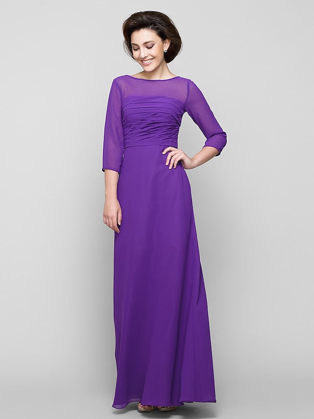  A-Line Mother of the Bride Dress Elegant Scoop Neck Ankle Length Chiffon 3/4 Length Sleeve No with Ruched 2023